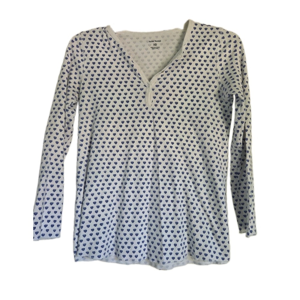 Womens‎ Roller Rabbit blue heart pj top long sleeve, Pima cotton soft XS